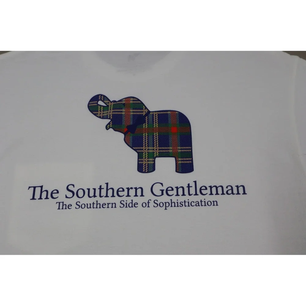The‎ Southern Gentleman White Pocket Tee with Plaid Elephant Icon - Size M